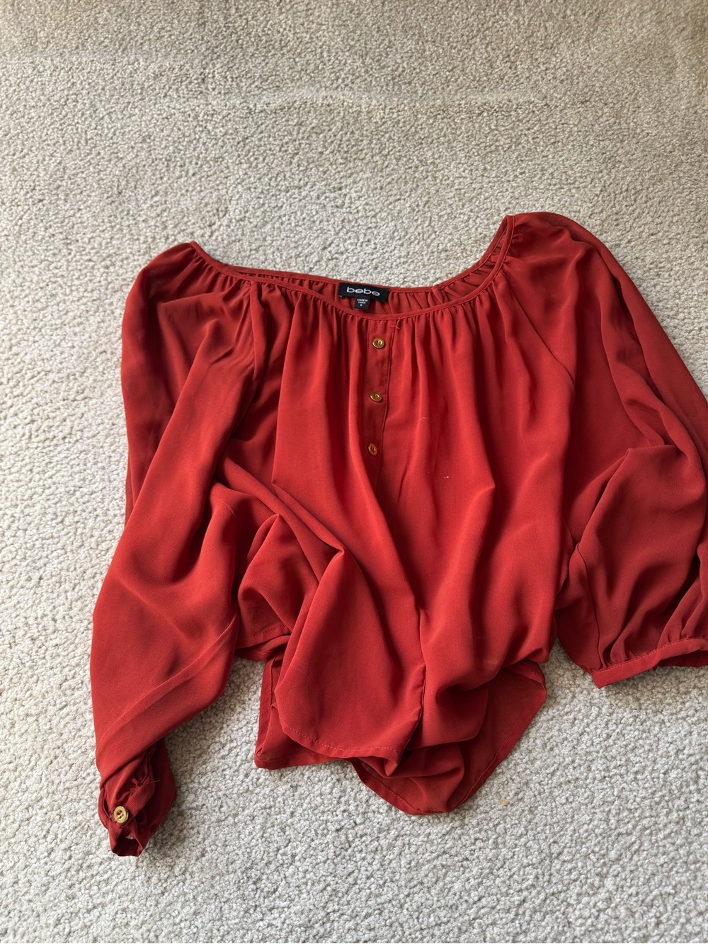 bebe Rust Red Off-Shoulder Peasant Blouse top casual elegant
